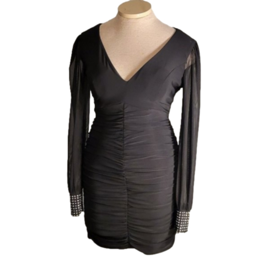 CRYSTAL DOLL BLACK MINI DRESS WITH LONG LACE SLEEVES-SEXY-NEW YEARS EVE WORTHY!